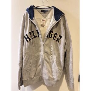 NWT! Tommy Hilfiger Mens Full Zip Hoodie Gray Navy Blue Logo S oversized